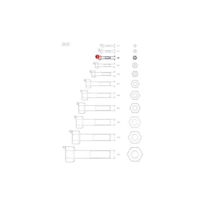 Diagram showcasing various sizes of bolts and hex nuts, labeled meticulously with product numbers and measurements, including a highlighted Massey Ferguson - Bolt M6x16 - 339560X1 by AGCO for easy identification.