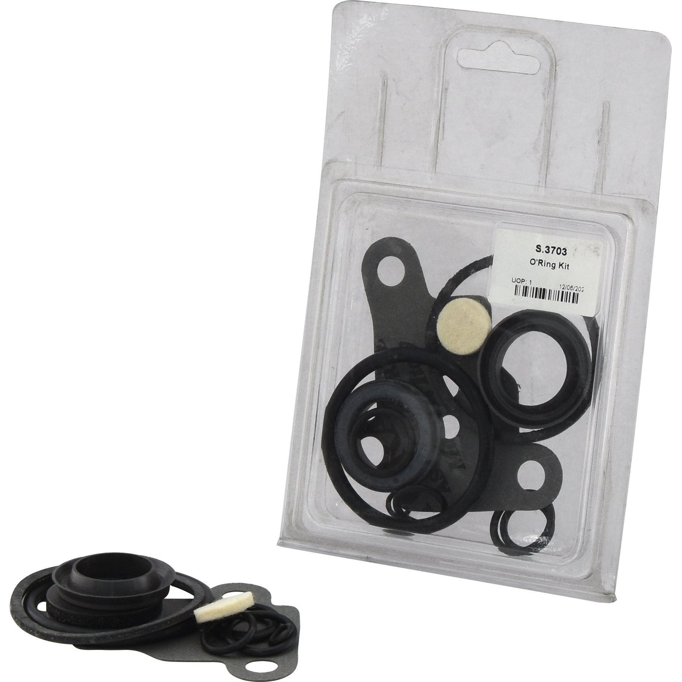 Plastic packaging containing an assortment of black O-rings and seals. A similar set of these components, including the Sparex O'Ring Kit (Sparex Part No.S.3703), is placed in front of the package.