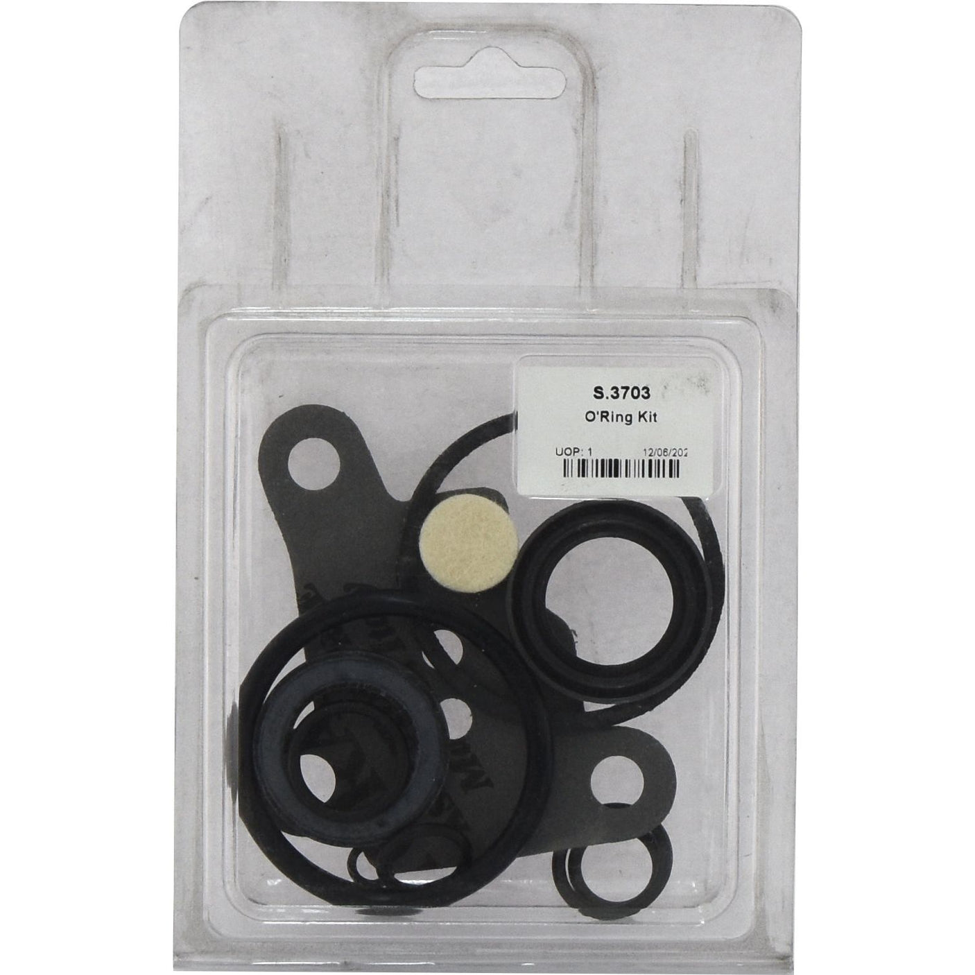 A sealed plastic package containing a Sparex O'Ring Kit, part number S.3703, which includes multiple rubber O-rings and gaskets. Ideal for Power Steering Ram applications.