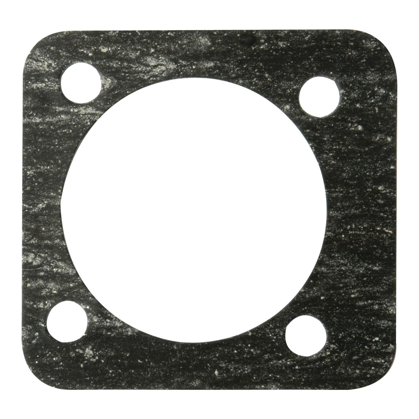 The Sparex Steering Box Gasket, Part No. S.3711, is a square black gasket featuring a large circular opening at the center and four smaller circular holes in each corner, designed for compatibility with Massey Ferguson steering column assemblies.