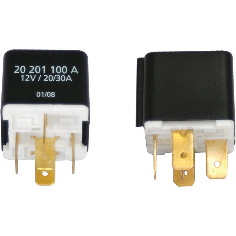 Two black and white Sparex relays, part number S.37163, feature gold prongs and are labeled "20 201 100 A, 12V / 20/30A." These relays are compatible with Deutz-Fahr AGROPRIMA tractors.