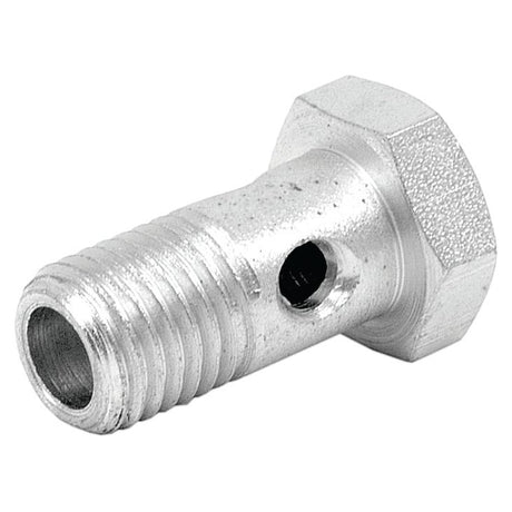 A metal, hexagonal Banjo Bolt, specifically the Banjo Bolt M8 x 1.00 DN02 model by Sparex, part number S.37201, featuring a threaded end and a hole in the side.