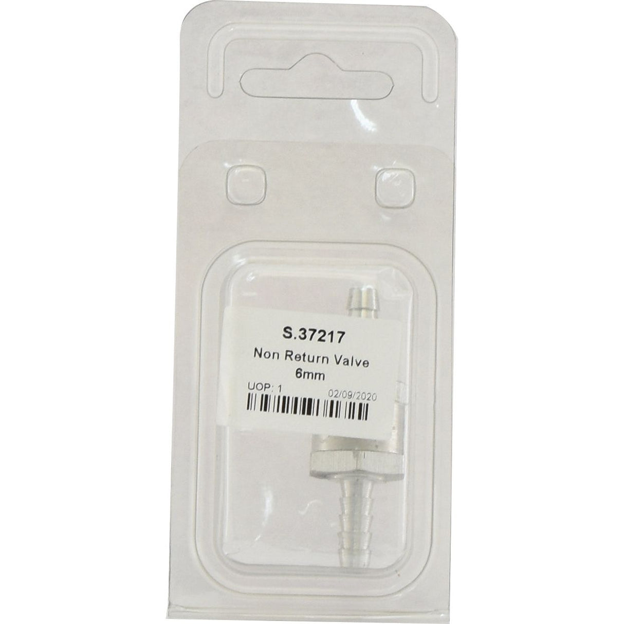 The Sparex Fuel Hose Non Return Valve (6mm) | Part No. S.37217, ideal for an injector pump, comes packaged in a clear plastic casing with a labeled white sticker.