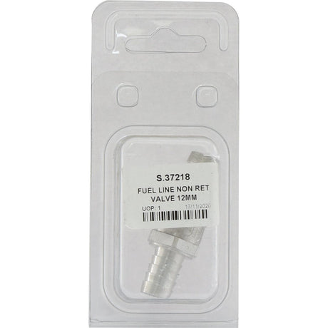 A packaged automotive fuel line non-return valve, branded as Sparex and labeled "Fuel Hose Non Return Valve 12mm | Sparex Part No.S.37218," comes in a transparent plastic blister pack, engineered to enhance quick starting and optimize the performance of your injector pump.