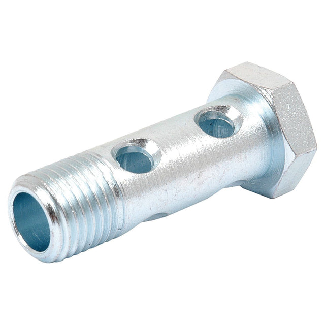 The Sparex BANJO BOLT DBL M14x1.5 NW8 - S.37226 is a silver metal hydraulic bolt featuring a hexagonal head and several holes along the threaded shaft, with an M14 x 1.50 thread size.