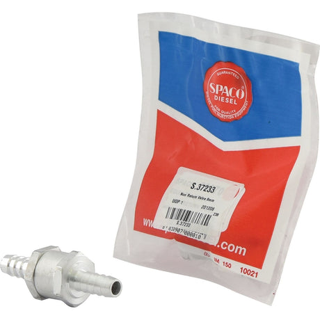 A packaged Sparex Fuel Hose Non Return Valve 8mm with a barcode, SKU S.37233, including a separate metallic engine component for quick starting.