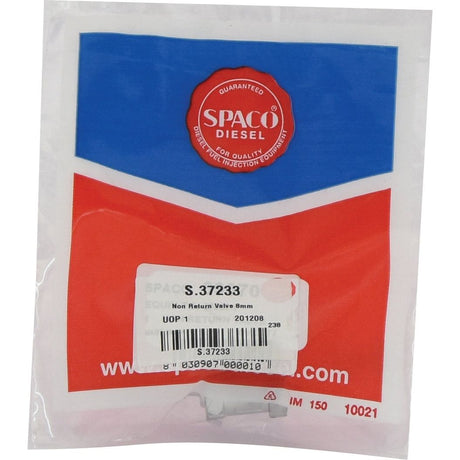 Package of Sparex Fuel Hose Non Return Valve 8mm, part number S.37233, featuring a red and blue design. Ideal for ensuring quick starting, this valve works seamlessly with your injector pump.