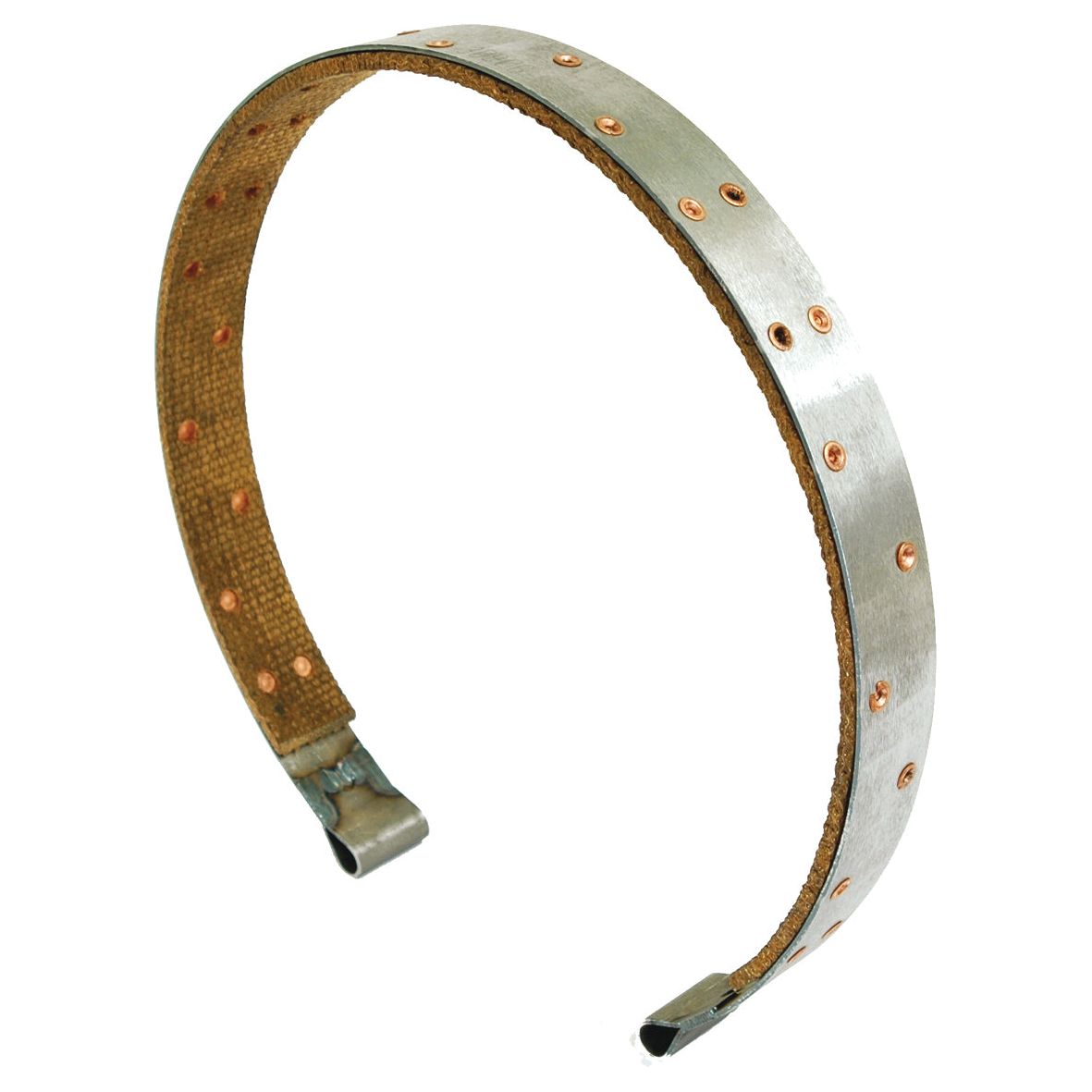 Introducing the "Brake Band, OD 315mm. - S.37272" by Sparex—a metallic band featuring a textured inner surface lined with brown material and evenly spaced copper-colored rivets, perfect for use with International Harvester machinery.