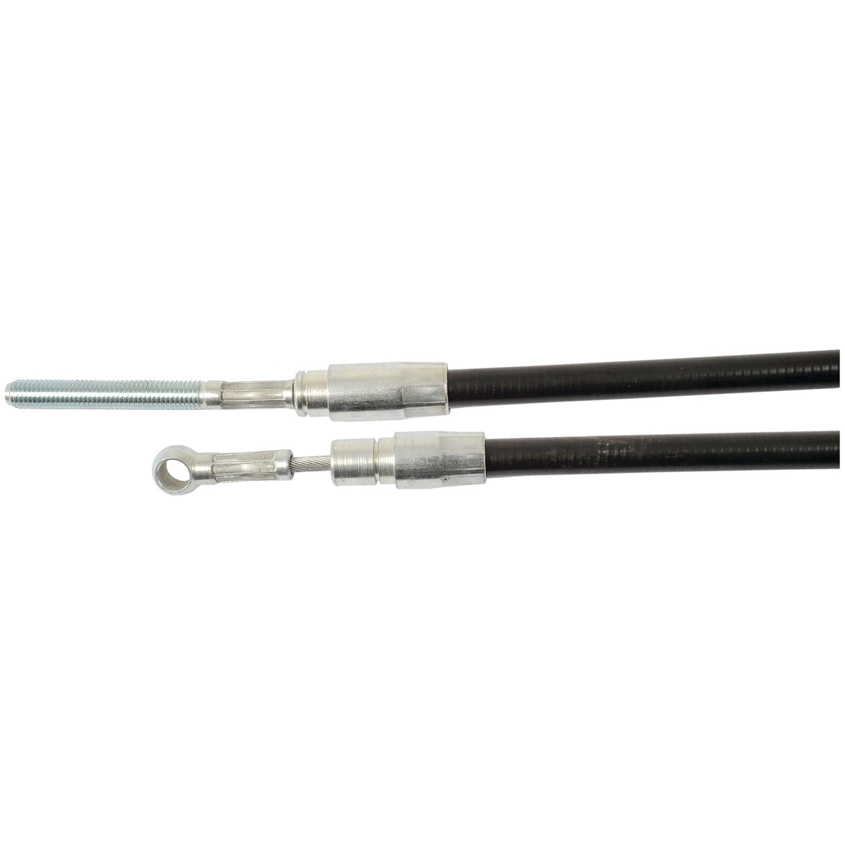 Two black brake cables with silver metal ends, one featuring a threaded end and the other a looped end, against a white background. Perfect for those maintaining Case IH or International Harvester equipment. Product details: Sparex Brake Cable - Length: 675mm, Outer cable length: 436mm. Part No.S.37294.