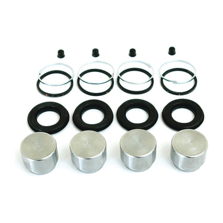 A Brake Caliper Repair Kit (Sparex Part No.S.37314) by Sparex, featuring four metal pistons, rubber seals, and rings, meticulously arranged on a white background, reminiscent of the precision engineering found in Deutz-Fahr AGROPRIMA machinery.