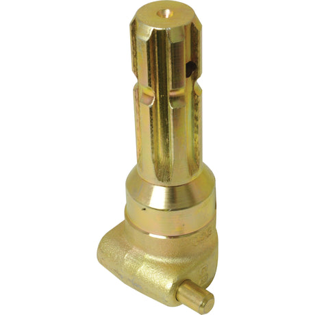 A Sparex PTO Adaptor (S.3737) features a brass fitting with a ridged cylindrical top, a smaller horizontal extension at the bottom, and includes a quick release pin for easy installation.