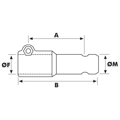 Technical drawing of the PTO Adaptor - Female spline 1 3/8'' - 6 x Male spline 1 3/8'' - 6 with Quick Release Pin (S.3737) from Sparex, detailing specific measurements labeled as A, B, ØF, and ØM. The drawing features solid and dashed lines to indicate dimensions and characteristics. It also emphasizes the points for integrating the Standard Duty Quick Release Pin.