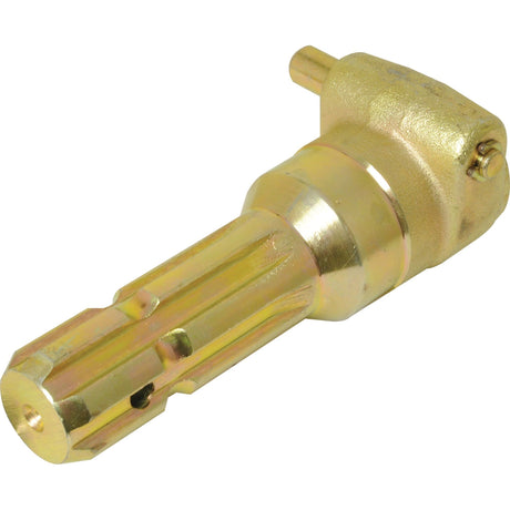 A brass-colored PTO Adaptor from Sparex, featuring a female spline 1 3/8'' - 6 on one end and a male spline 1 3/8'' - 6 on the other, complete with a quick release pin for easy attachment.