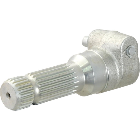 The Sparex PTO Adaptor - Female spline 1 3/8'' - 6 x Male spline 1 3/8'' - 21 with Quick Release Pin (S.3738) is a standard duty metallic gear shaft equipped with multiple grooves and teeth on both ends, featuring a cylindrical connector housing on one end and a quick release pin for efficient attachment.