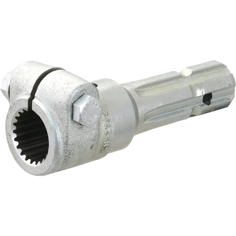 Close-up of a Sparex PTO Adaptor - Female spline 1 3/8'' - 21 x Male spline 1 3/8'' - 6 with Clamp Bolt (S.3743), featuring a splined end and two bolts securing the clamp. The adaptor has a machined appearance with a grooved end for attachment.