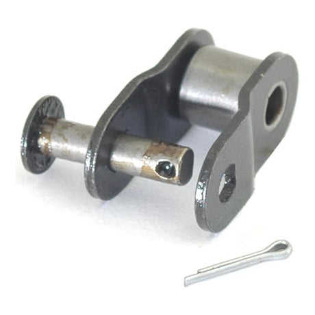 Close-up of a Cranked Link, Simplex, 942-1 (Sparex Part No.S.37507) metal hinge pin with a cylindrical bushing, a cotter pin, and a washer set against a white background.