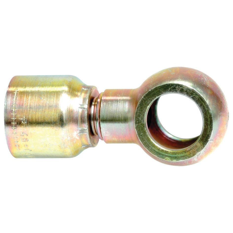 A detailed view of the Sparex Parker BSP Banjo Hose Insert 5/8'' x 22mm - S.3752210, showcasing its threaded body on one end and a circular loop with a hole on the other, designed to fit hoses with an inner diameter.
