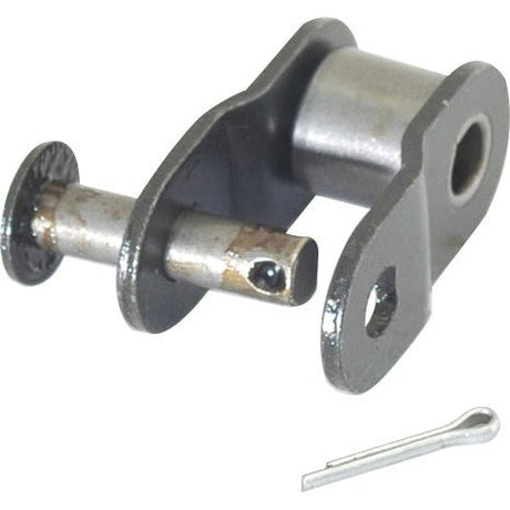 A close-up image of a Cranked Link, Simplex, 12B-1 H (Sparex Part No.S.37527) with a removable cotter pin laying beside it, showcasing the precision engineering typical of Sparex products.