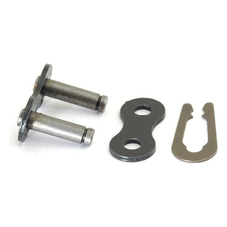 Three components of a bicycle chain link: a metal connecting pin, an outer plate with two holes, and a C-shaped locking clip from the Connecting Link, Simplex, 120-1 H | Sparex Part No.S.37533 by Sparex, all arranged side by side on a white background.