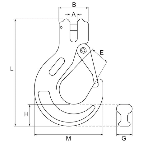 Technical drawing of the Loading Hook 10mm Ø 3200kg Safe Working Load (Sparex Part No. S.37567) with labeled measurements: A, B, E, G, H, L, and M. The Sparex heavy-duty hook details the dimensions and structural characteristics.