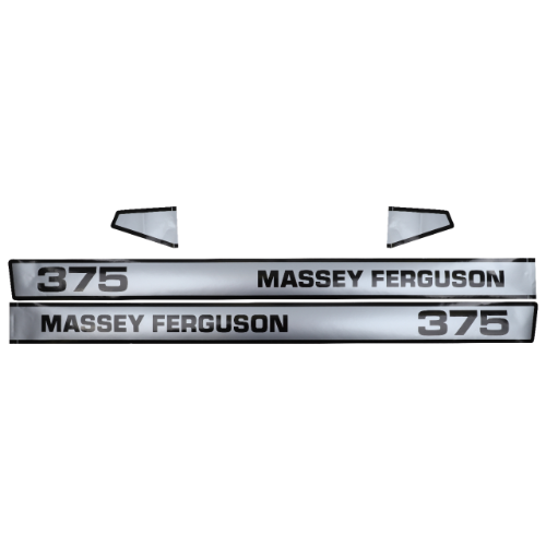 The Massey Ferguson - 375 Decal Kit (product code: 3900321M92) by AGCO features two metallic nameplates displaying the black text "Massey Ferguson" centrally with "375" on one end.