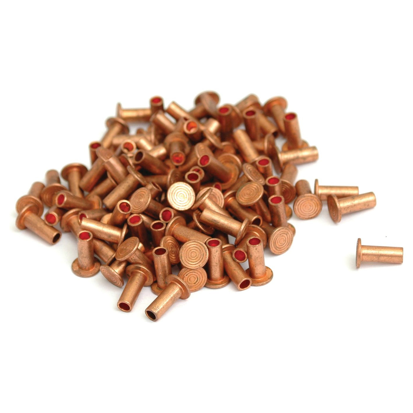 A pile of Sparex S.37600 5 x 12mm copper rivets with red interiors scattered on a white surface, perfect for Deutz-Fahr machinery.