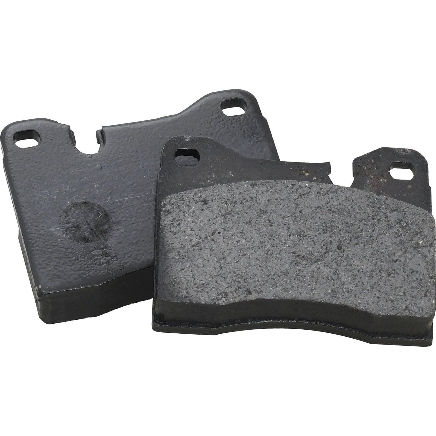 Two black brake pads with visible wear, shown against a white background. One pad is resting upright, while the other is angled behind it, displaying both front and back sides. Ideal for Deutz-Fahr AGROPRIMA models, the Brake Pad Set from Sparex (Part No.S.37613) ensures reliable performance when you need it most.