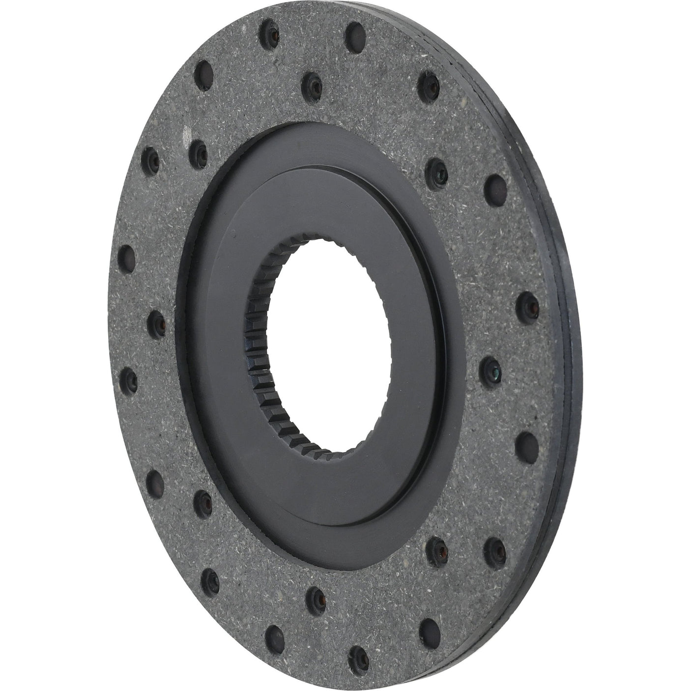 The Brake Friction Disc (OD 228mm - S.37617) from Sparex is a round, textured disc made of organic lining material. It features a central hole and multiple smaller holes evenly spaced around the edge, making it ideal for various applications. This product meets the specifications of Tariff Code 8708309190 and is available through Sparex.