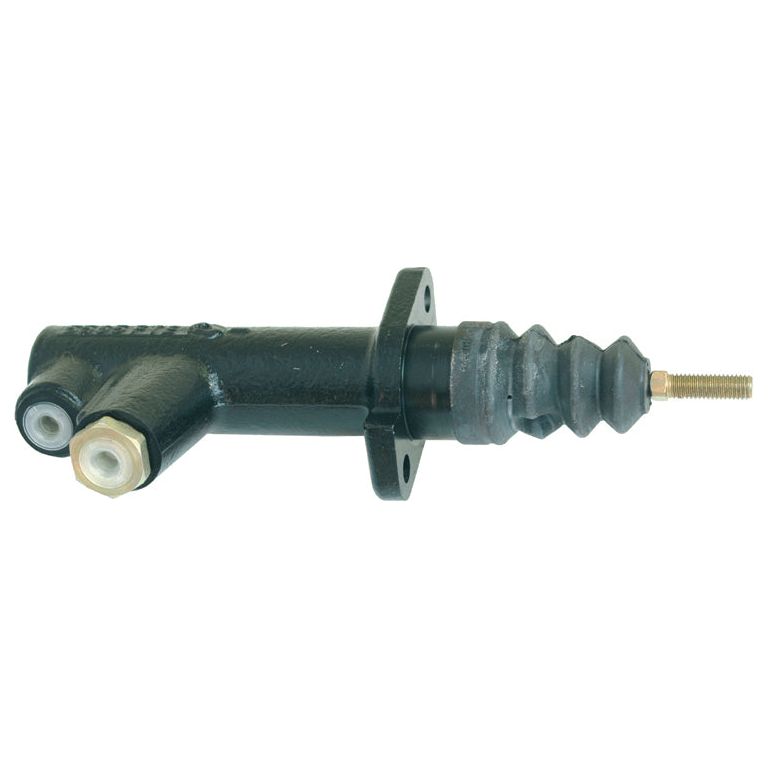 Image of the Sparex Brake Master Cylinder (Sparex Part No. S.37642) featuring a black cylindrical body with two threaded ports and a ribbed rubber boot with a metal rod on one end, compatible with Fendt tractors.