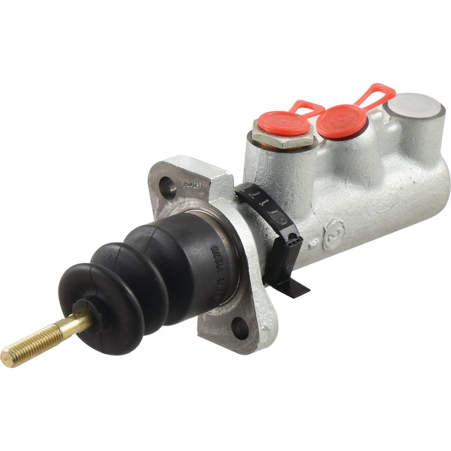 A silver Brake Master Cylinder (Sparex Part No. S.37650) by Sparex for a Fendt FARMER, featuring a black rubber push rod and two red-capped openings on top.