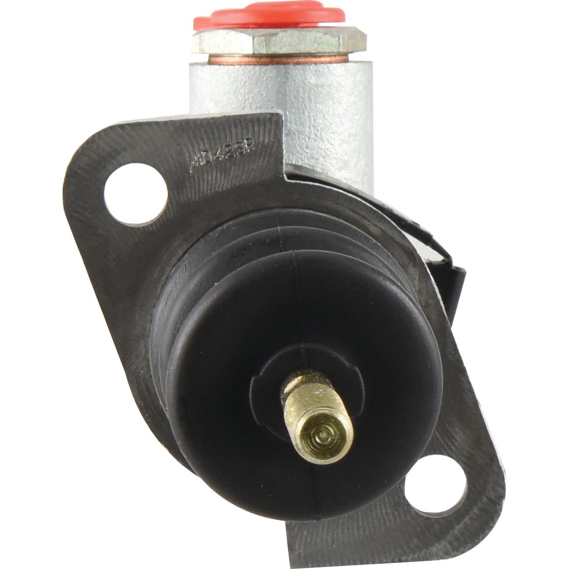 Close-up image of a black and silver Brake Master Cylinder, Sparex Part No. S.37650, featuring a red cap on top, reminiscent of components used in Carlisle systems. The component has a cylindrical body and is designed for mechanical or hydraulic applications.