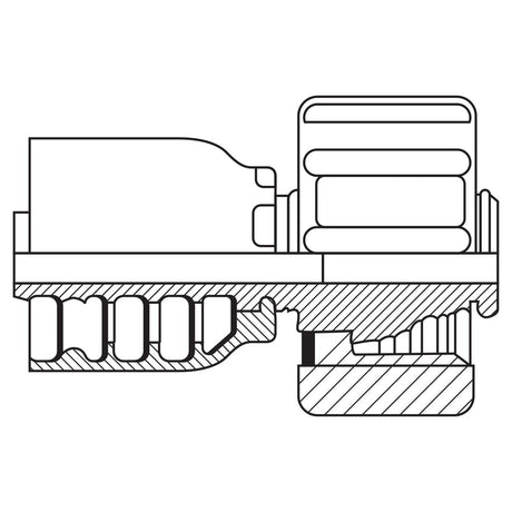 Technical diagram of a cross-sectional view of the Parker Metric (Karcher) 1/4'' x M22 x 1.50 Female Straight Swivel - S.3772204 by Sparex, showcasing multiple intersecting cylindrical parts and threads.