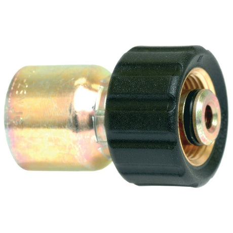 Close-up view of a Parker Metric (Karcher) 3/8'' x M22 x 1.50 Female Straight Swivel gas connector by Sparex, featuring brass and black plastic components with a threaded end.