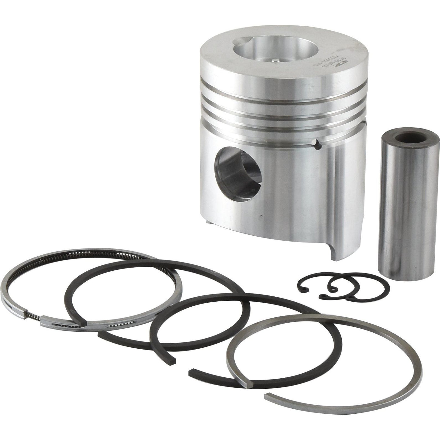 A metal piston with a diameter of 32mm accompanied by rings, pin, and clips arranged neatly around it. The components, including the Piston & Ring Set from Sparex (Part No. S.37727), are designed for a Fendt FARMER internal combustion engine.