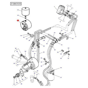 Diagram of a hydraulic system with numbered parts, including hoses, valves, and connectors, highlighting a cylindrical filter component (marked as 16) among various interconnected hydraulic lines and components found in Massey Ferguson models equipped with the AGCO Massey Ferguson Steering Pump - 3774614M91.