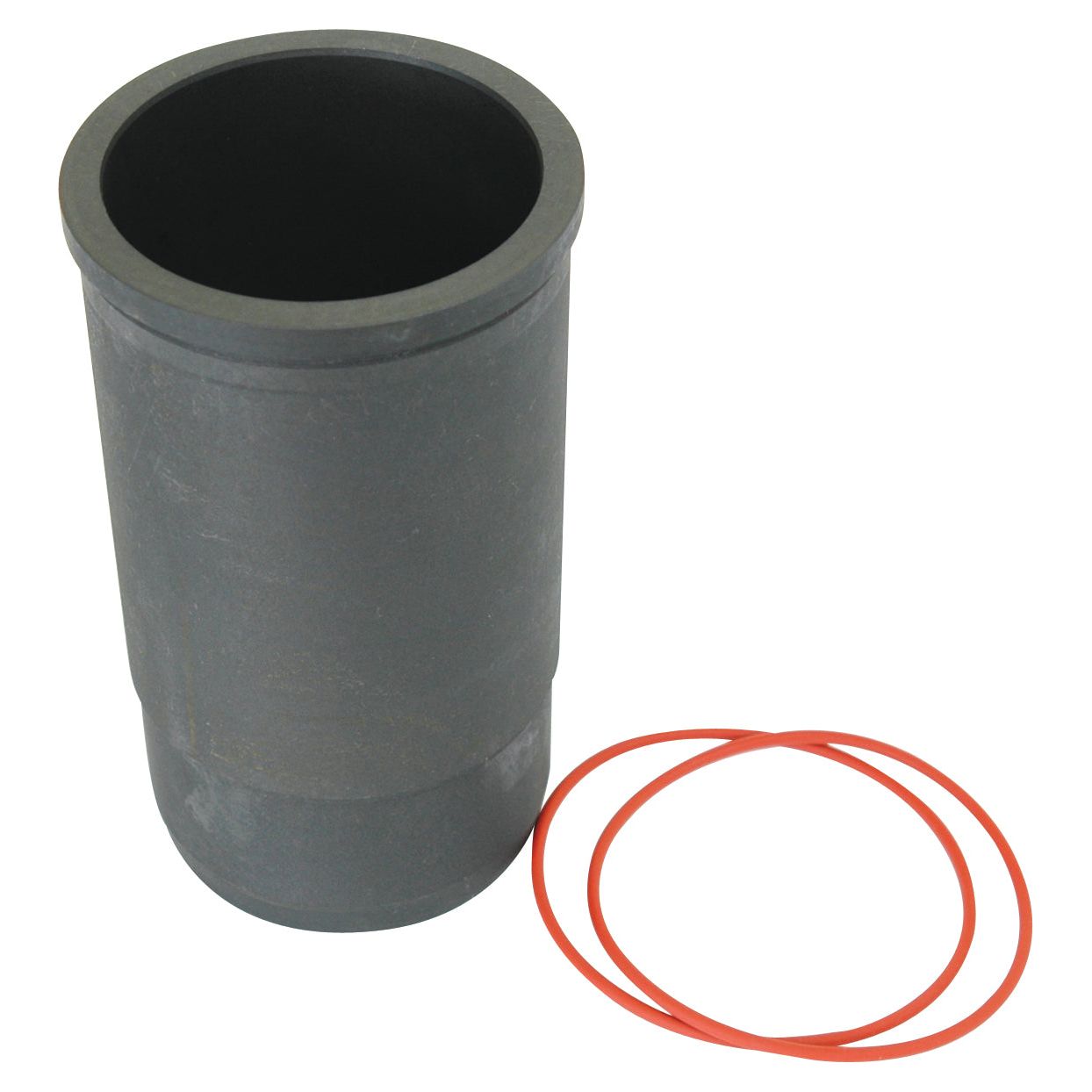 The Sparex Piston Liner (Finished) with Part No. S.37752 is a cylindrical black sleeve accompanied by two orange rubber O-rings, featuring a 95mm bore and a height of 200mm.