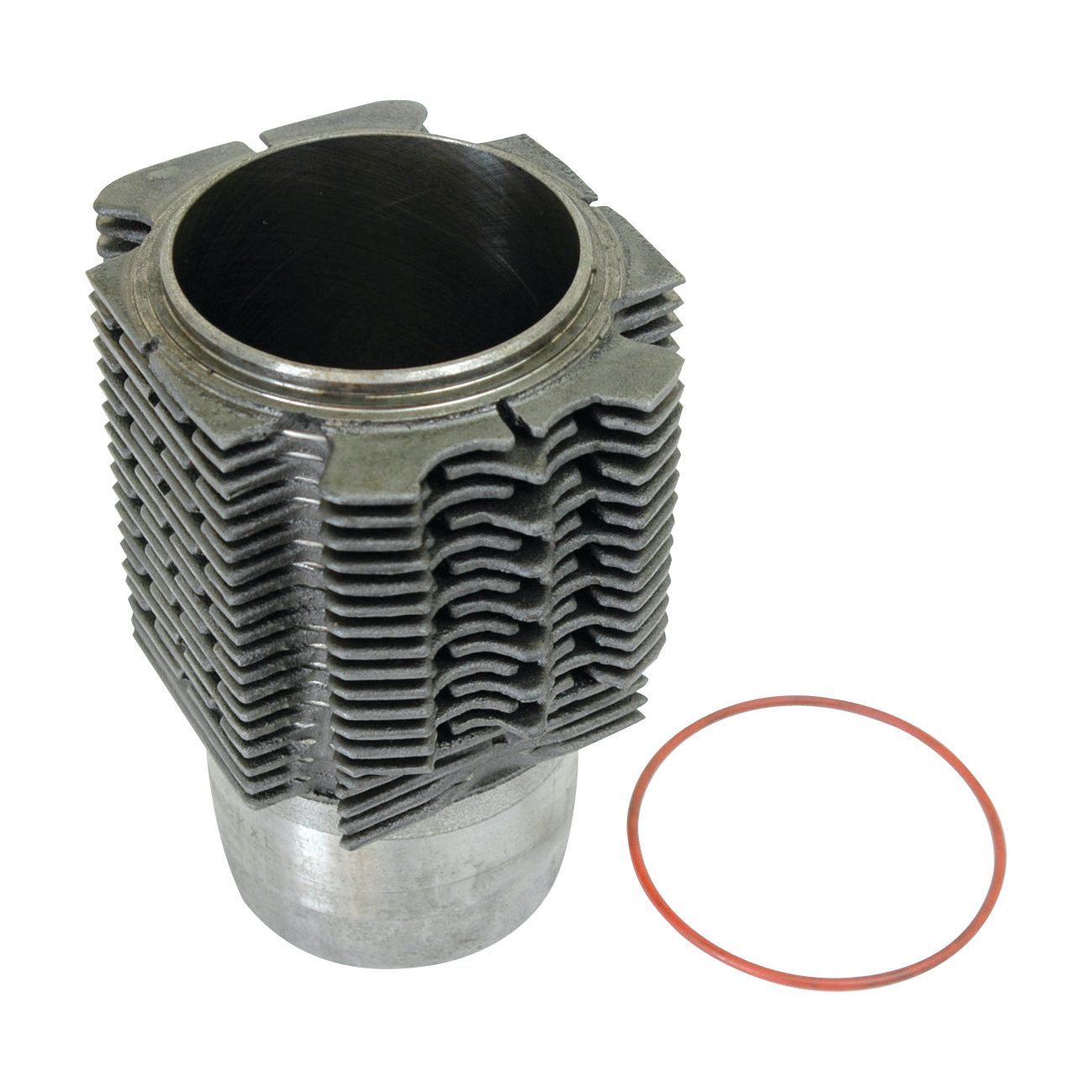 Image of a 95mm bore Piston Liner (Finished) with cooling fins and a ring-shaped Sparex gasket, ideal for Fendt tractors. The Sparex Part No. is S.37759.