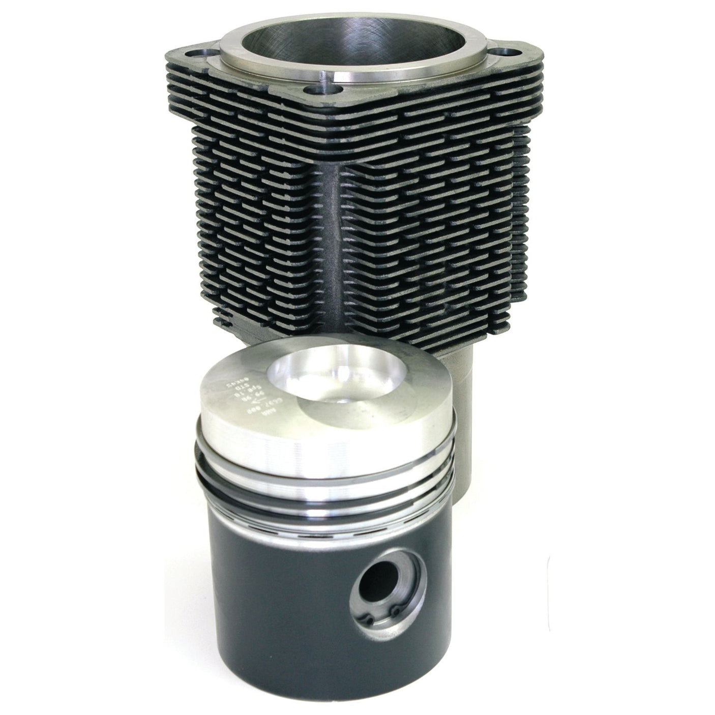 A metal engine cylinder with attached cooling fins sits next to a detached piston on a white background, showcasing the Sparex Piston Ring and Liner Kit (Sparex Part No. S.37777), compatible with Deutz-Fahr models.