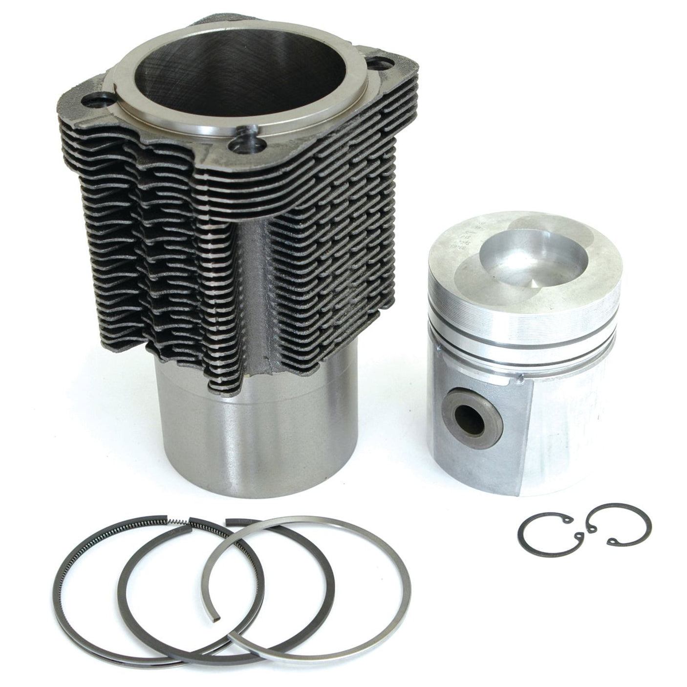 Cylinder, piston, piston rings, and circlips displayed on a white background—ideal components for the Sparex Piston Ring and Liner Kit (Sparex Part No. S.37789), suitable for Deutz-Fahr or Fendt machinery.