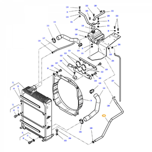 Exploded-view diagram of a radiator assembly for the Massey Ferguson MF 5470 tractor, showcasing various components such as a fan, hoses, clamps, and bolts. Each part is labeled with numbers for identification, including the AGCO brand Massey Ferguson Pipe (part number 3779605M1).