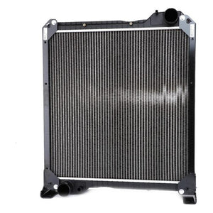 A Massey Ferguson Radiator, part number 3780220M4 without a cap, featuring a black frame, silver fins, and two visible ports for coolant flow stands upright against a plain white background. This AGCO radiator is optimized for efficiency and durability.