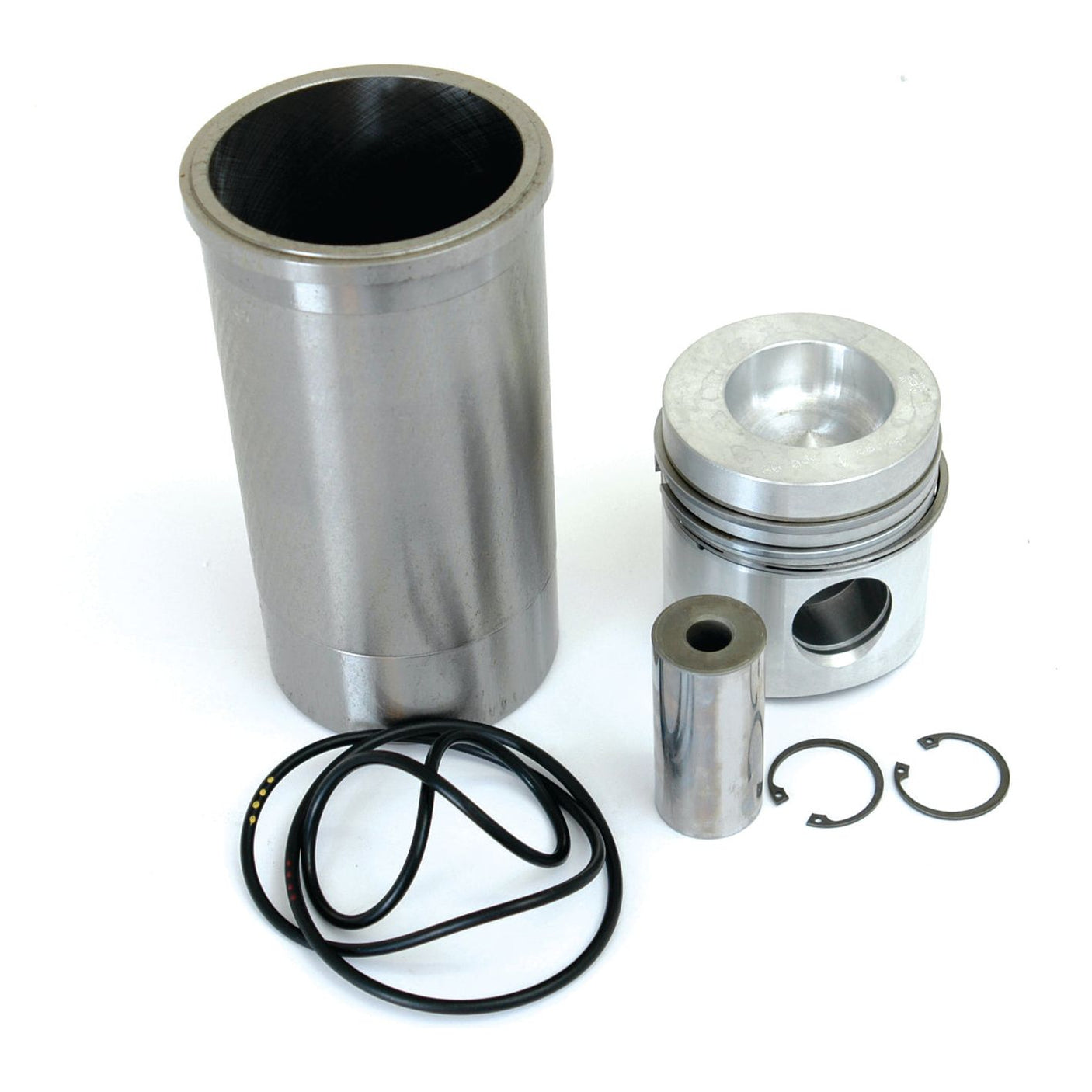 A Sparex Piston Ring and Liner Kit, Sparex Part No. S.37845, featuring a piston, cylinder liner, wrist pin, two snap rings, and O-rings, is arranged on a white background.