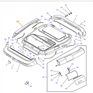 Diagram of vehicle parts with each component numbered. The image shows various car body parts including bumpers, side panels, and a sunroof assembly, along with a detailed inset of the Massey Ferguson - Right Hand Visor - 3788209M93 by AGCO.