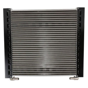 A car radiator resembling the AGCO Massey Ferguson Oil Cooler (Part Number: 3789539M2), featuring visible metal fins and two inlet and outlet pipe connections at the bottom, akin to those used in Massey Ferguson tractor models.