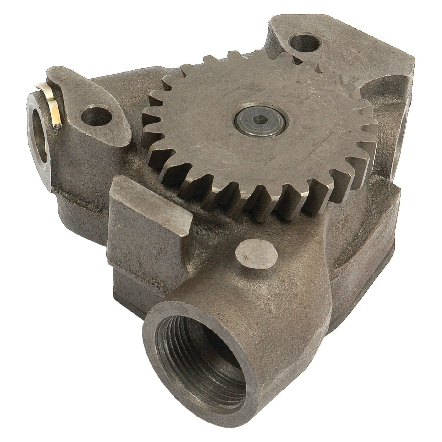 A close-up view of the Sparex Engine Oil Pump (Sparex Part No. S.37954), featuring a gray metal mechanical component with a large cogwheel, threaded openings, and an embossed Deutz-Fahr logo.
