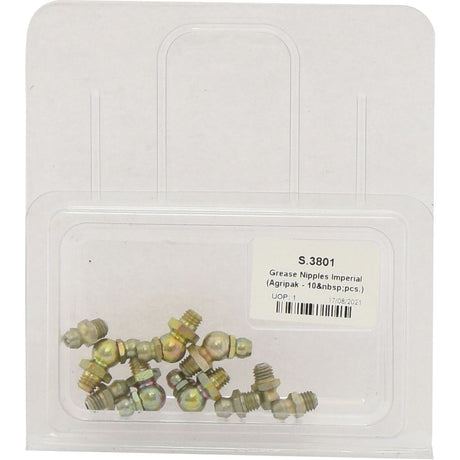 A plastic package labeled "Sparex Part No. S.3801" containing a set of metallic grease nipples (10 pieces) designed for use with imperial systems, available under the Agripak brand by Sparex.