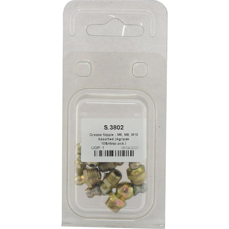 A clear plastic blister pack containing assorted grease nipples, labeled "Grease Nipple - M6, M8, M10 Assorted (Agripak 10 pcs.) - S.3802" from Sparex.