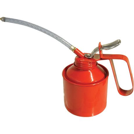 A Sparex Metal Oil Can (Part No. S.3806) in red, featuring a curved spout and a trigger handle for dispensing oil, comes with both flexible and rigid tube options for versatile use.