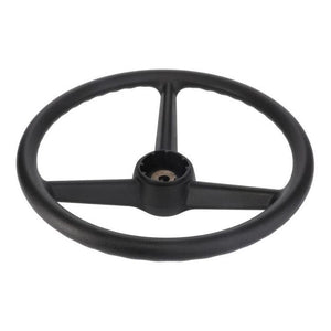 The AGCO Massey Ferguson - 3809661M2 steering wheel, shown in black with a three-spoke design from an overhead perspective, highlights the ergonomic features incorporated into Massey Ferguson models.