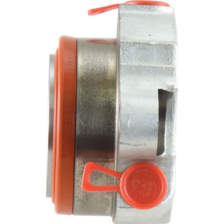 A close-up side view of a metal automotive part with orange plastic components, featuring a circular seal and a clip. The metal surface has some wear and markings. This could be the Brake Slave Cylinder (RH) by Sparex, compatible with Renault vehicles, identified as Sparex Part No.S.38296.